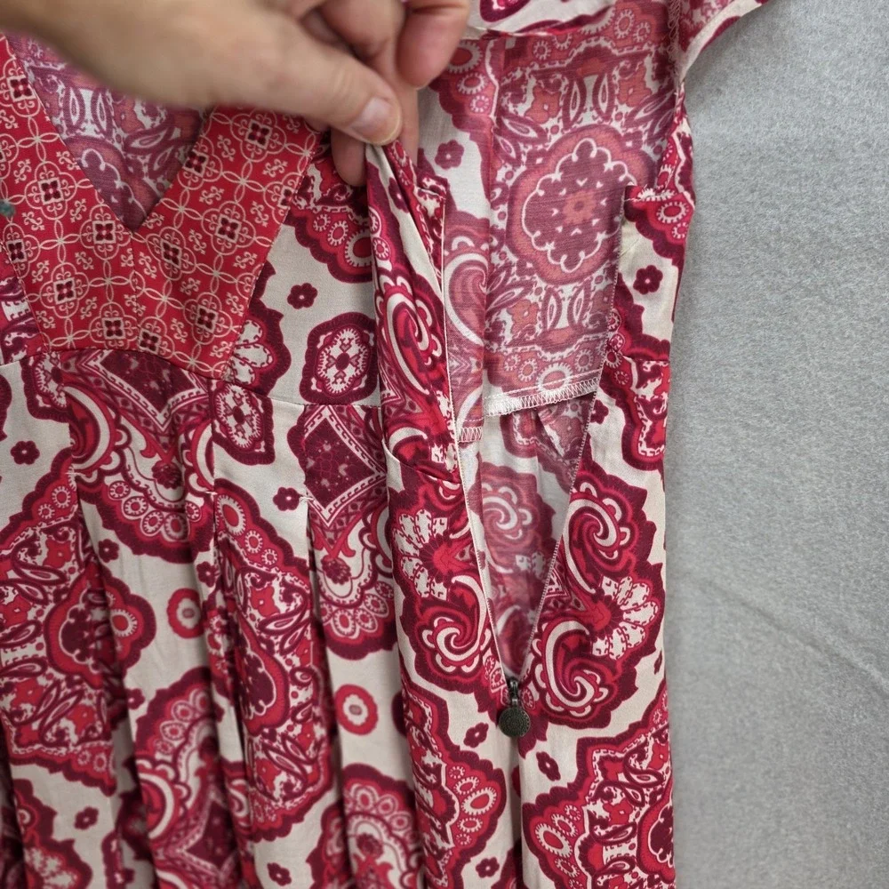 Odd Molly Anthropologie Midi Shift Dress‎ Red Paisley High Low Vneck Flowy